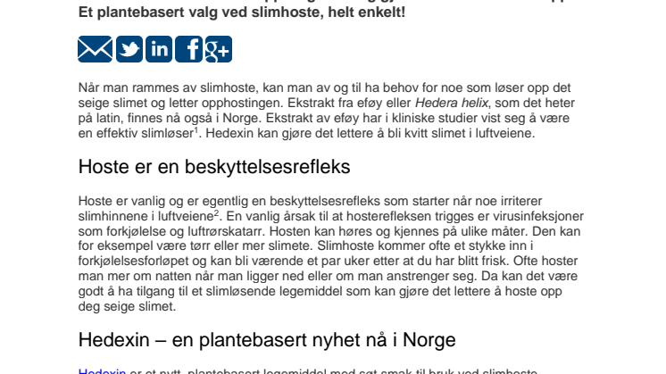 Nyheten Hedexin løser og letter ved slimhoste