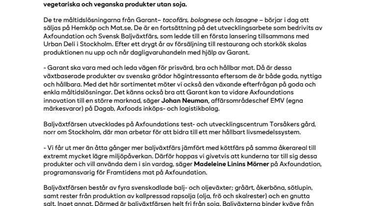 Garant lanserar tre vegetariska rätter på svensk baljväxtfärs