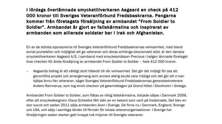 Armbandsförsäljning gav 412 000 till Sveriges veteraner