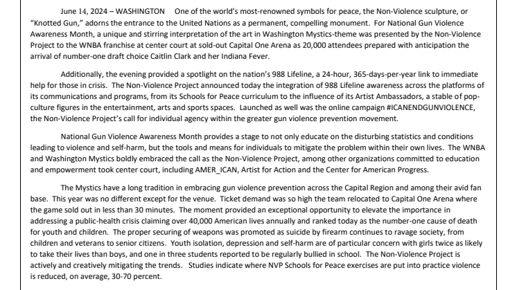 Pressrelease: Unveiling of Custom-Designed WNBA Mystics “Knotted Gun” Sculpture