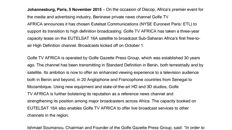 Benin​​’s Golfe TV AFRICA favours EUTELSAT 16A satellite for transition into High Definition