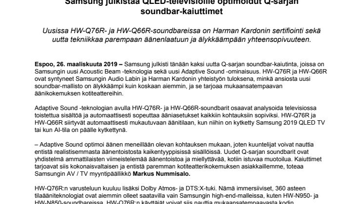 Samsung julkistaa QLED-televisioille optimoidut Q-sarjan soundbar-kaiuttimet