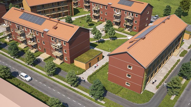Översiktsillustration av det kommande området, BoKlok Skölden i södra Hemlingby, Gävle. 