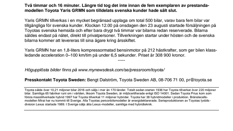 Toyotas ”super-Yaris” GRMN sålde slut supersnabbt