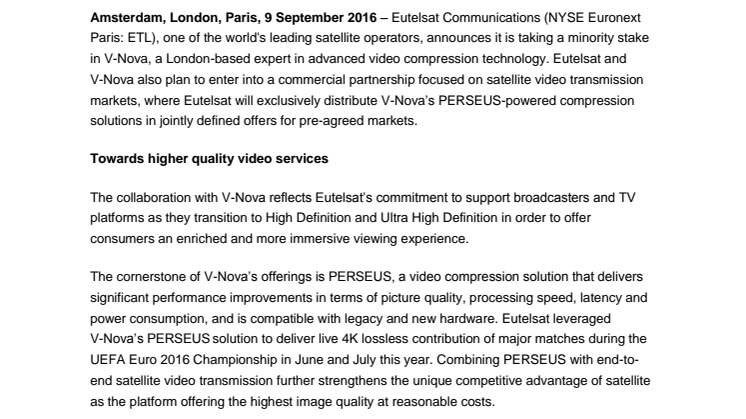 IBC 2016: Eutelsat bolsters video competence through partnership with V-Nova, a leader in compression technologies