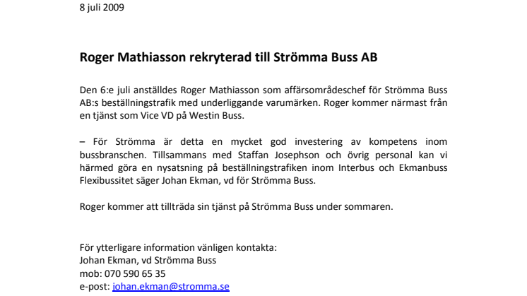 Roger Mathiasson rekryterad till Strömma Buss AB