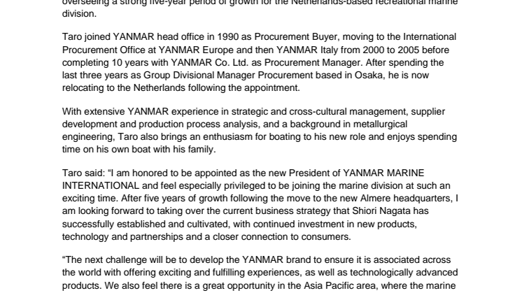 YANMAR MARINE INTERNATIONAL Appoints New President