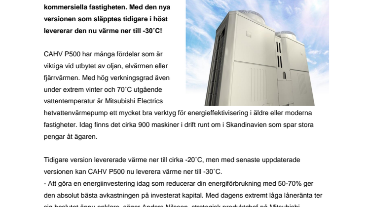 Mitsubishi Electrics hetvattenvärmepump levererar värme ner till -30˚C