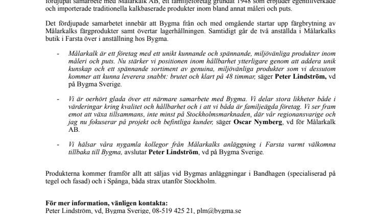 Bygma växer i Stockholm – fördjupar samarbetet med Målarkalk AB