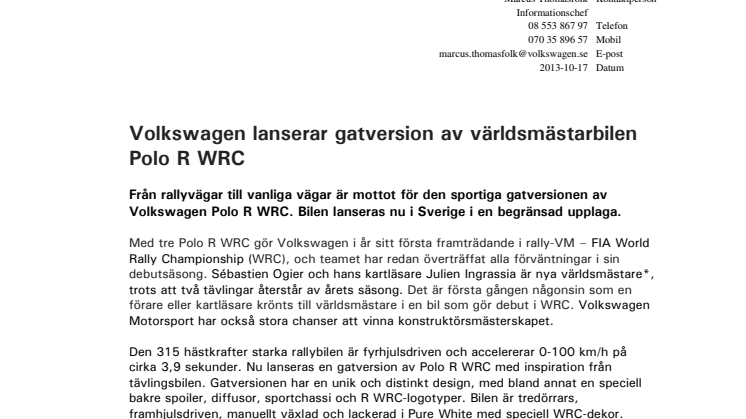 Volkswagen lanserar gatversion av världsmästarbilen Polo R WRC