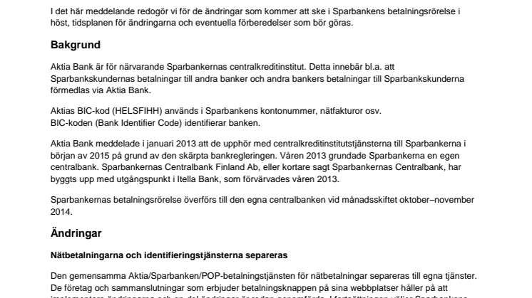 Ändringar i Sparbankernas betalningsrörelse hösten 2014