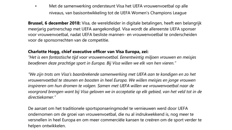 Visa ondertekent baanbrekende deal voor vrouwenvoetbal met UEFA