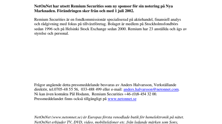Remium ny sponsor för NetOnNet.