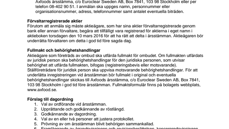 VÄLKOMMEN TILL ÅRSSTÄMMA 2016 I AXFOOD AKTIEBOLAG
