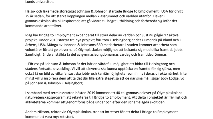 Globalt projekt ska inspirera gymnasieelever att välja högskolestudier:  samarbete mellan Olympiaskolan, Johnson & Johnson och Lunds universitet 