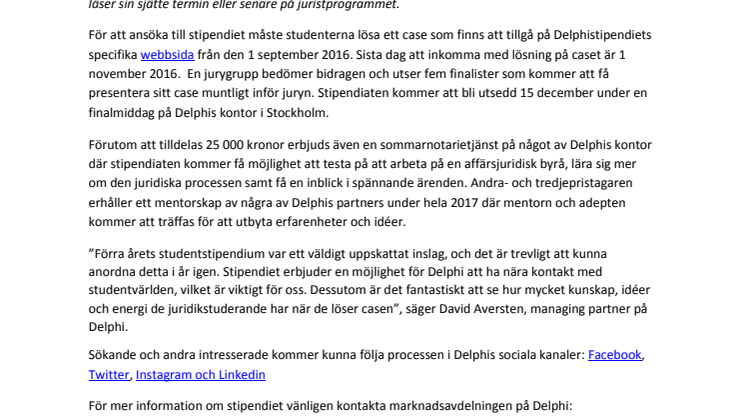 Delphi utlyser för andra gången ett stipendium inom affärsjuridik 