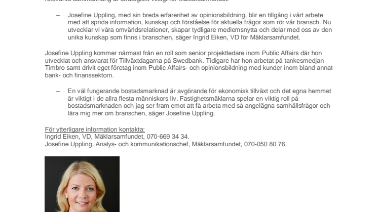 Josefine Uppling ny analys- och kommunikationschef på Mäklarsamfundet