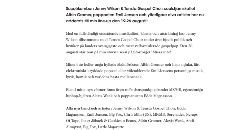 Jenny Wilson, Albin Gromer, Emil Jensen till Malmöfestivalen