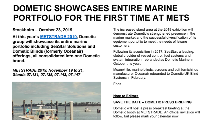 Dometic Showcases Entire Marine Portfolio for the First Time at METSTRADE