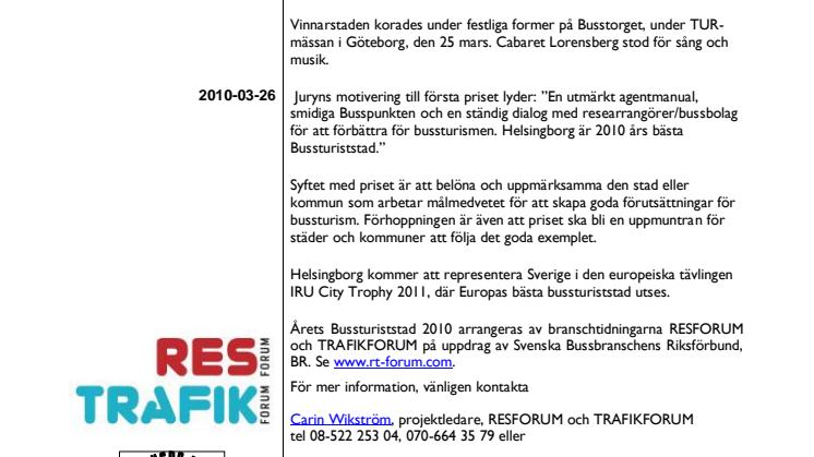 Årets Bussturiststad 2010 är Helsingborg