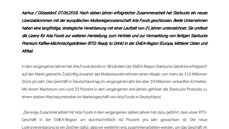 Milchmischgetränke: Starbucks baut strategische Partnerschaft mit Arla Foods aus