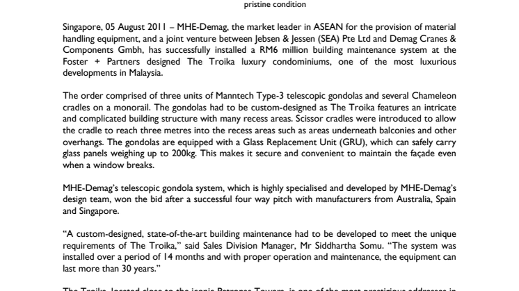 MHE-DEMAG’S RM6 MILLION TELESCOPIC GONDOLA SYSTEM SUCCESSFULLY INSTALLED AT AWARD WINNING RESIDENCE, THE TROIKA