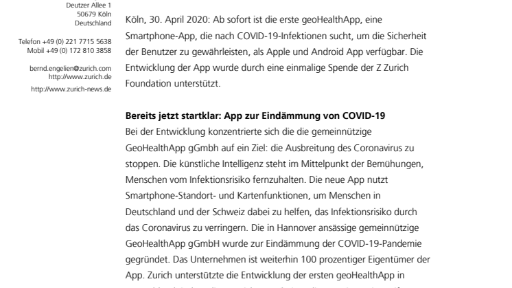 Corona Smartphone App ab sofort in Apple und Android App-Stores verfügbar. Zurich unterstützte Entwicklung 