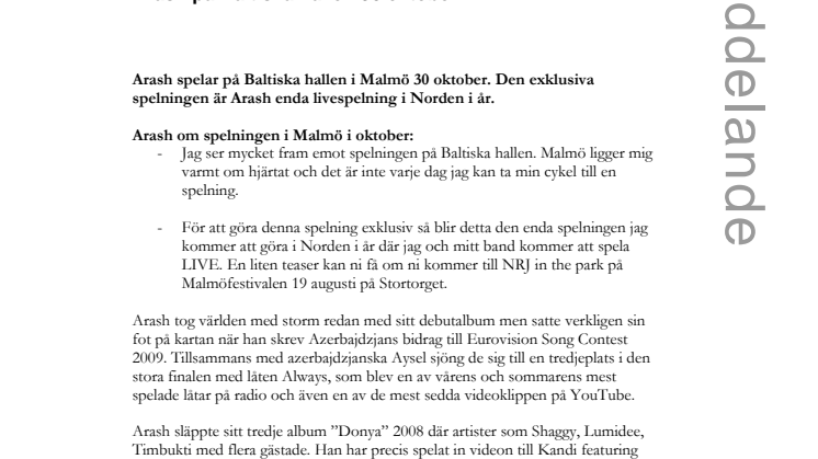 Arash på Baltiska hallen 30 oktober!