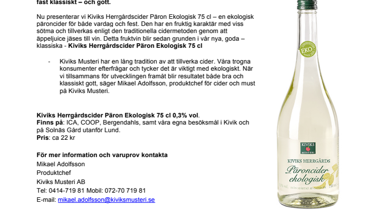 För festliga stunder – Kiviks Herrgårdscider Päron Ekologisk 75 cl  