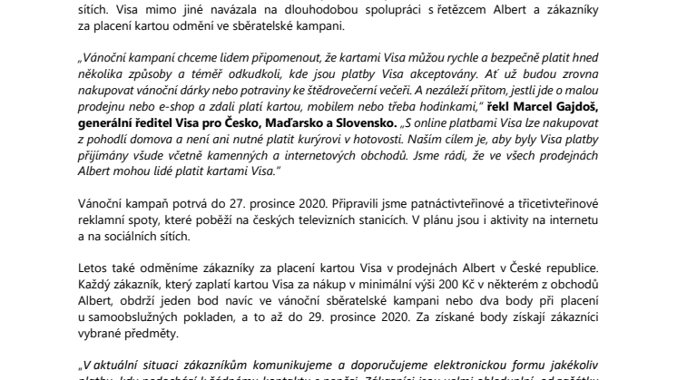Visa svou vánoční kampaní radí lidem, aby za dárky platili bezkontaktně a online