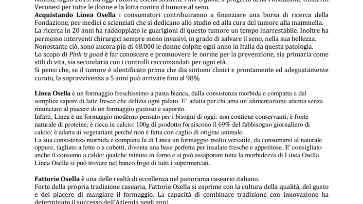 FATTORIE OSELLA E FONDAZIONE UMBERTO VERONESI DA OGGI INSIEME PER SOSTENERE IL PROGETTO PINK IS GOOD