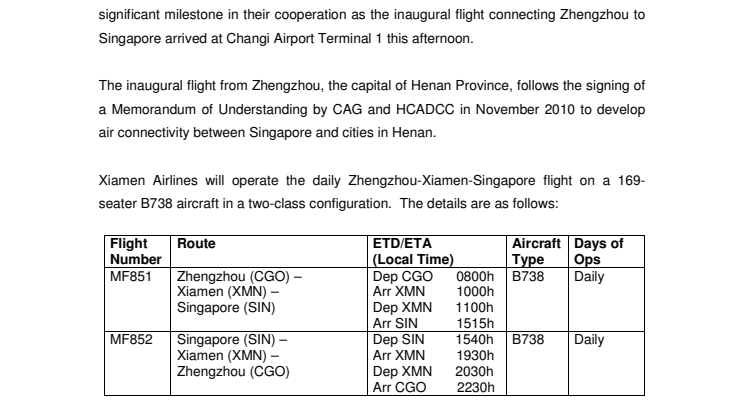 Changi Airport welcomes inaugural Zhengzhou-Singapore flight
