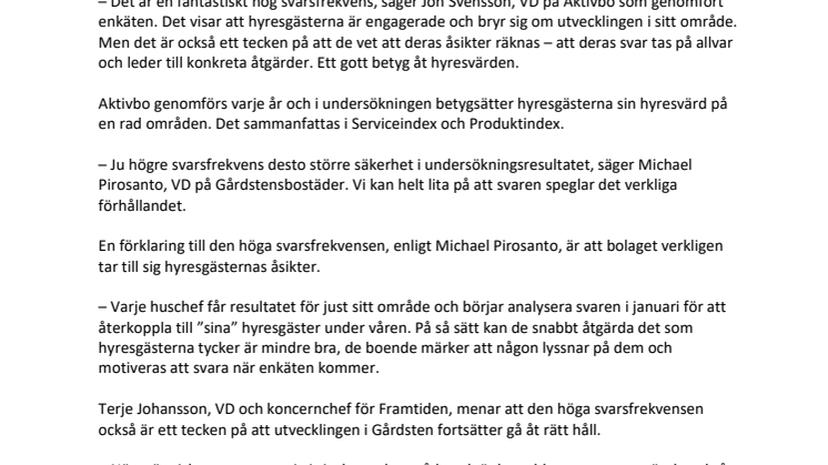 Gårdstensborna – Sveriges mest engagerade hyresgäster? Rekordhög svarsfrekvens i hyresgästenkät.