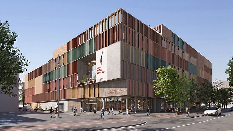 Arkitektskiss av exteriören för SKH:s byggnad i Slakthusområdet Skiss: 3XN Arkitekter