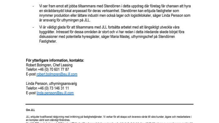 Stendörren anlitar JLL i uthyrningsuppdrag 