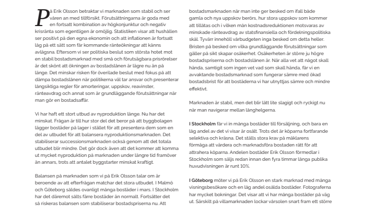 Erik Olsson Fastighetsförmedling kommenterar bostadsmarknaden 18 april 2019