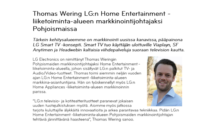 Thomas Wering LG:n Home Entertainment -liiketoiminta-alueen markkinointijohtajaksi Pohjoismaissa