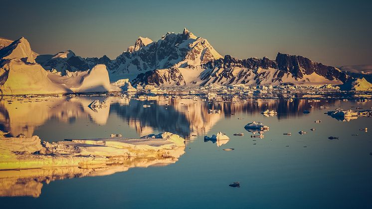 Sea ice reflections around Rothera Point, home to a research station and British Antarctic Survey (BAS) base on the Antarctic Peninsula. Photo by Steve Gibbs.