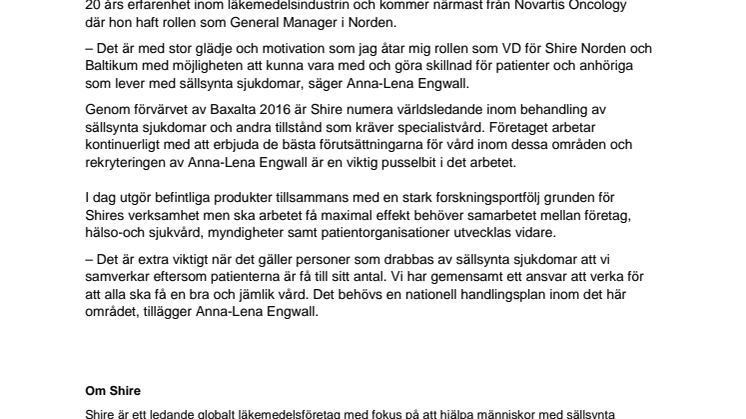 Läkemedelsföretaget Shire anställer ny VD för Norden och Baltikum