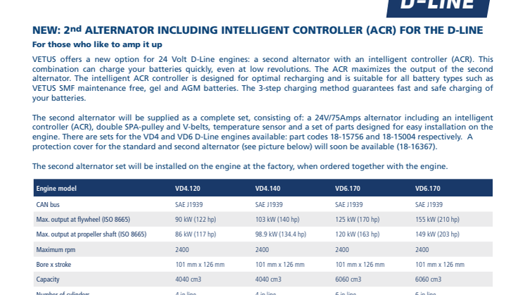 VETUS 24V / 75 Amps alternator with an intelligent controller (ACR) for its D-Line (Deutz) common rail engines - Information Sheet