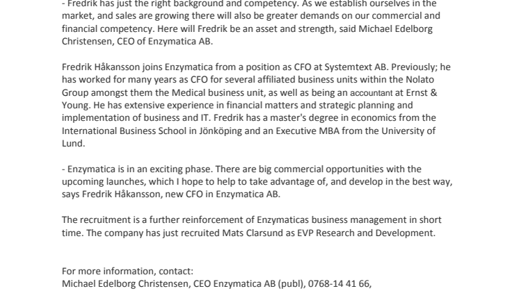 Enzymatica announces Fredrik Håkansson as its new CFO