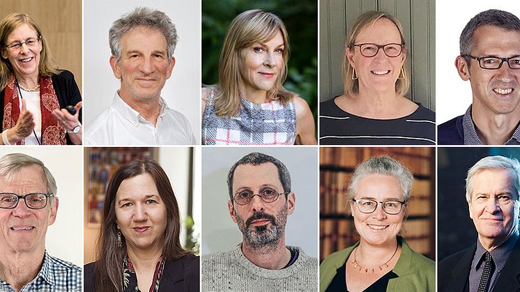 Hedersdoktorer vid Stockholms universitet 2023: Janet M. Thornton, Peter Sarnak, Susanne Ljung, Susan Vroman, Jan Ellenberg, Jim Albrecht, Janet Gornick, Ian Brooks, Birke Häcker, Richard Dyer. (Fotografer, se längst ner i pressmeddelandet)