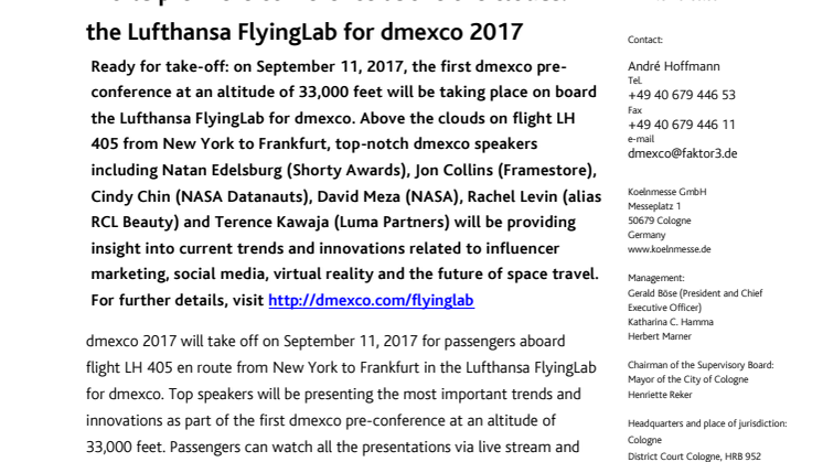 World premiere conference above the clouds: the Lufthansa FlyingLab for dmexco 2017