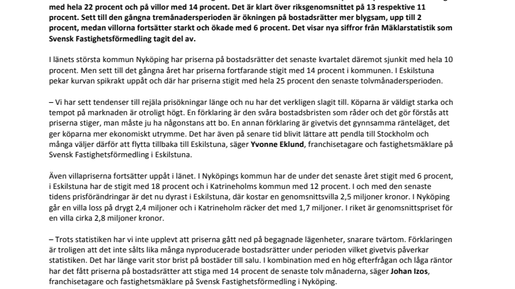 Rejäla prisökningar på bostäder i Södermanland
