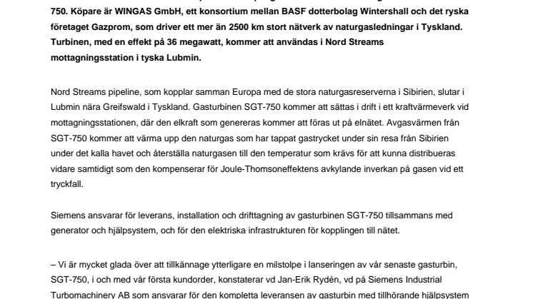 Första beställningen på nya gasturbinen SGT-750
