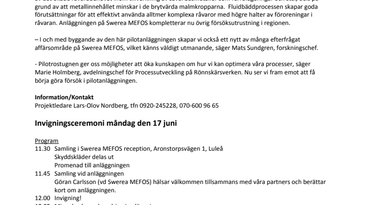 Pressinbjudan - Invigning av ny pilotanläggning där partiklar möter gas (måndag 17 juni)