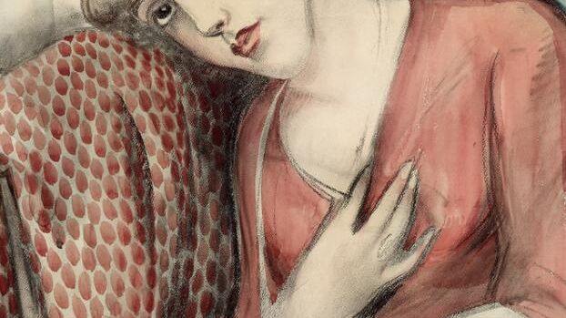 Gerda Wegener- Portræt af Lili i rød kjole, 1929. Signeret. Akvarel og kridt på papir. Lysmål 63 x 48 cm. Vurdering- 40.000-50.000 kr.