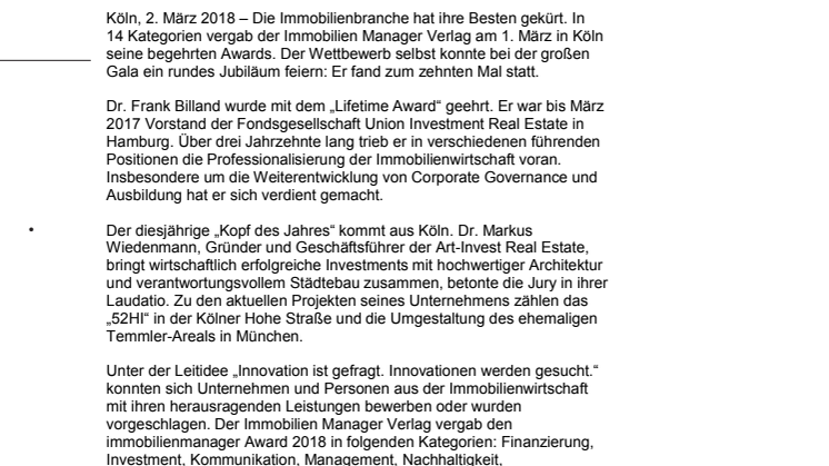 immobilienmanager Award 2018 verliehen