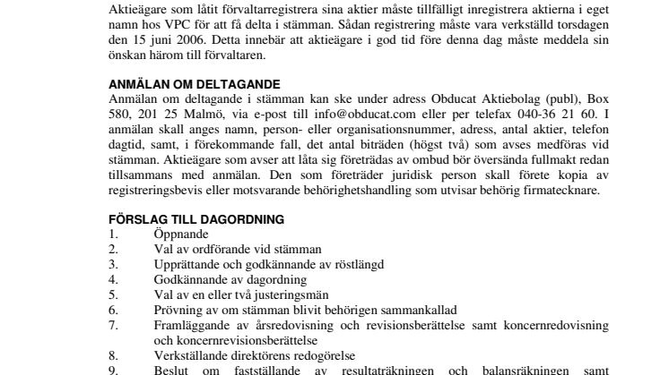 OBDUCAT: KALLELSE TILL ÅRSSTÄMMA - 2006