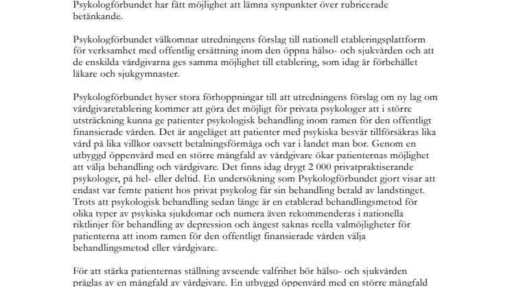 Remissvar om etablering av vårdgivare